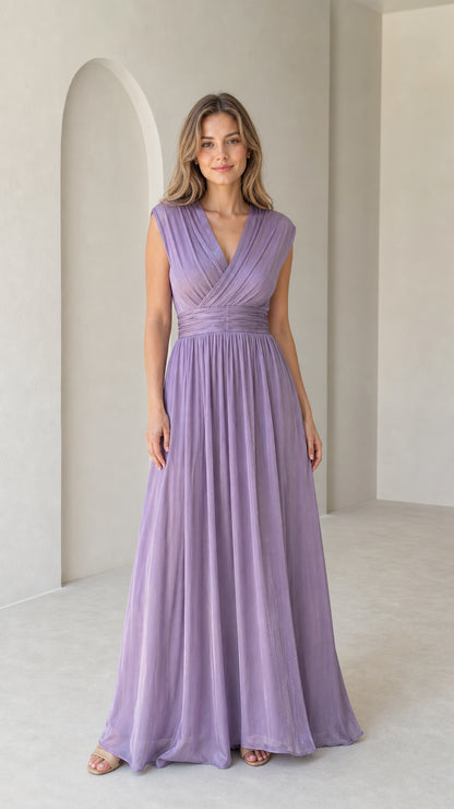 Front view of model wearing lavender pleated sleeveless V-neck maxi dress
