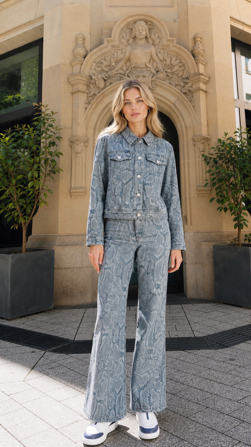 Full front view of model wearing blue snake print denim jacket and flare pants
