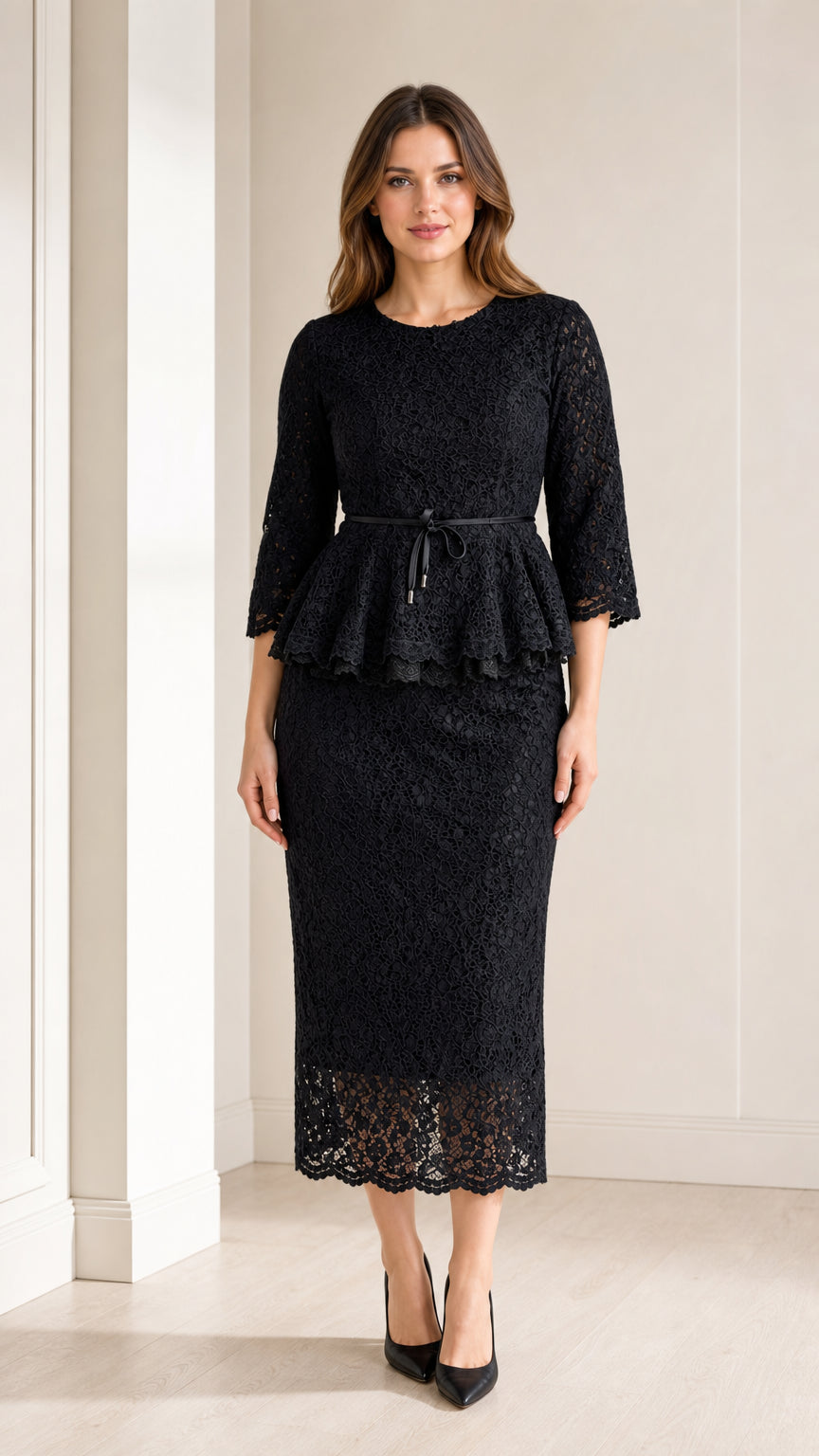 Front view of woman wearing elegant black floral lace peplum midi dress with belt