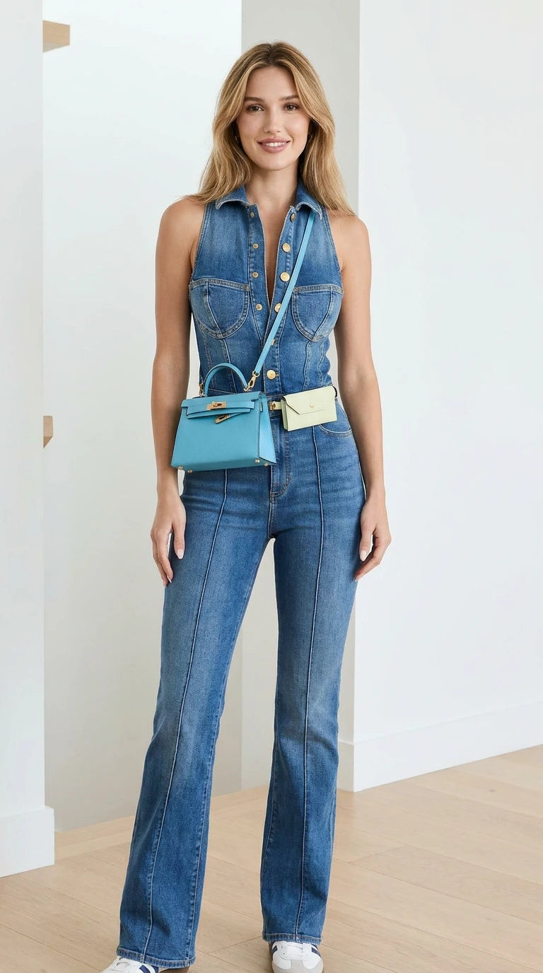 Front view of model wearing blue denim flare jumpsuit