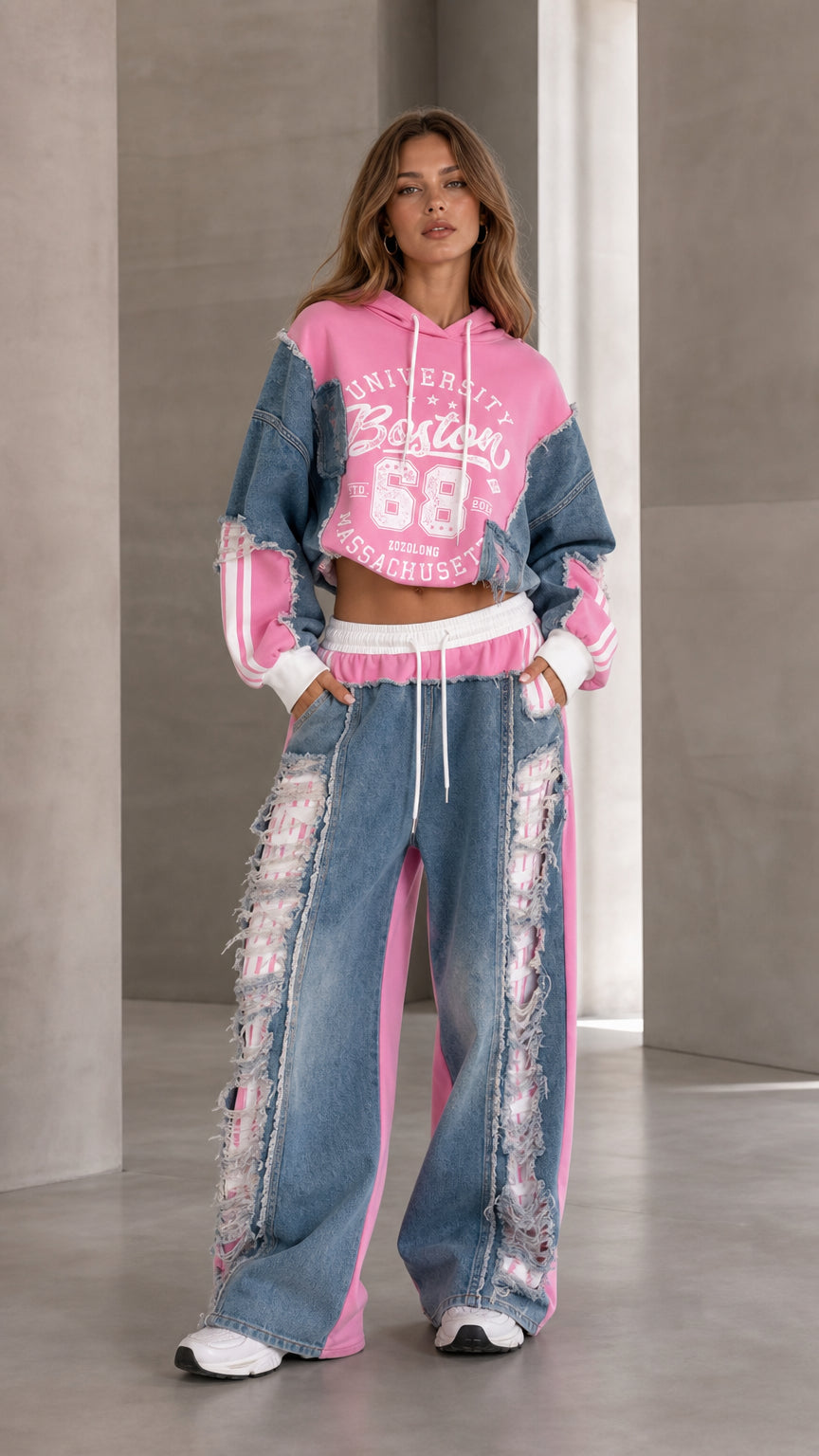 Front full view of pink denim patchwork cropped hoodie and wide leg sweatpants set