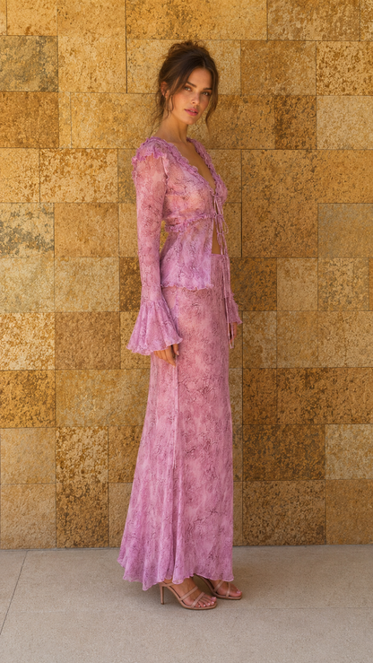 Front view of model wearing light pink sheer lace two-piece set
