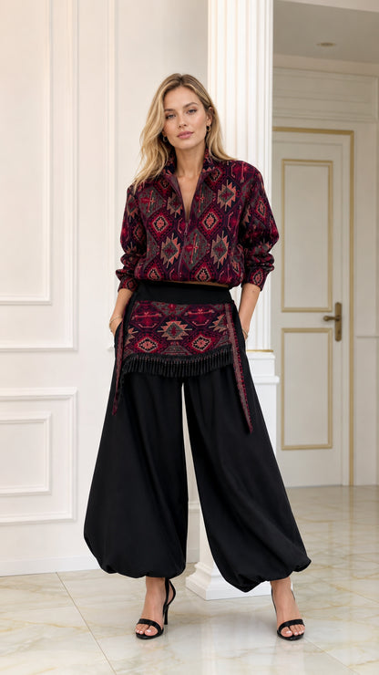 Front full view of woman wearing burgundy geometric print blouse and black balloon pants set