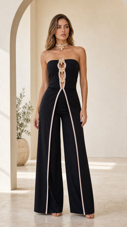 Elegance Statement Strapless Wide-Leg Jumpsuit in Black front view