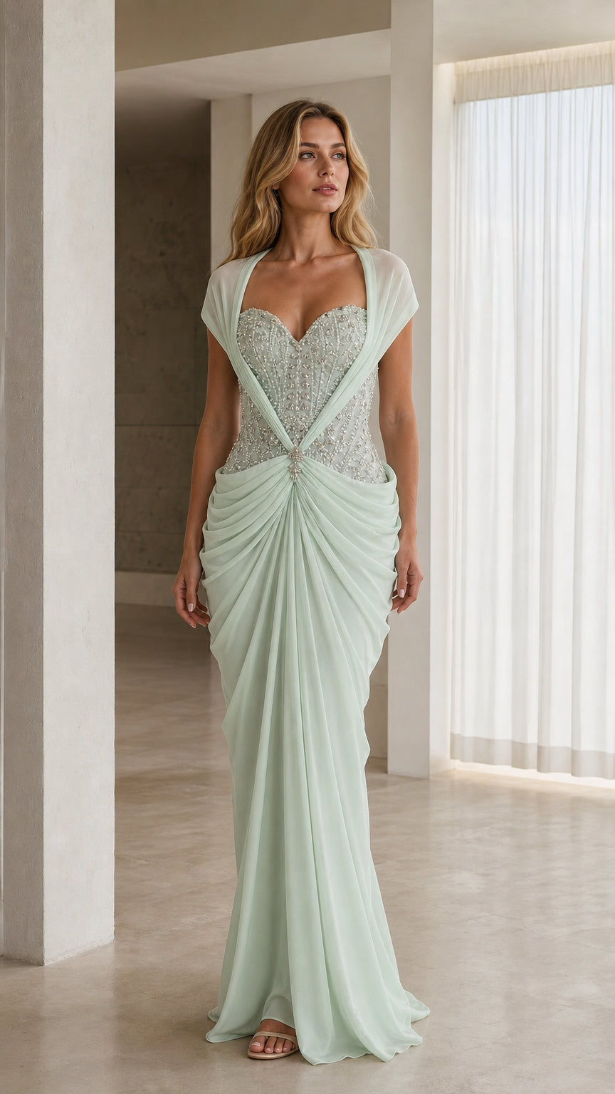 Front view of model wearing mint green beaded sweetheart evening gown with chiffon drape