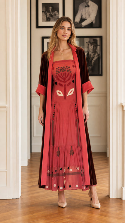 Coral red embroidered maxi dress with burgundy velvet duster coat front view