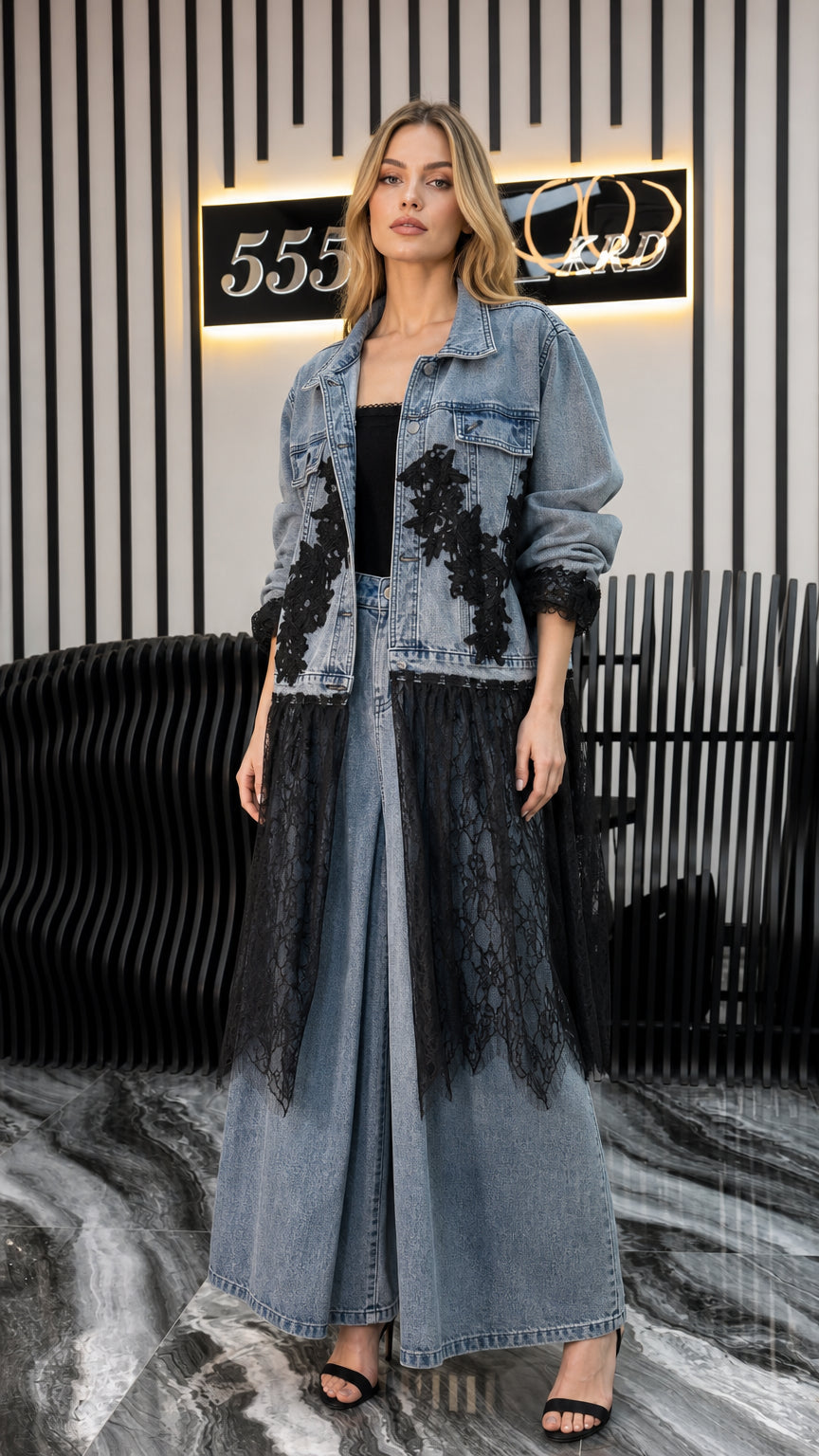 Front view of model wearing blue denim long jacket with black lace and matching wide leg pants