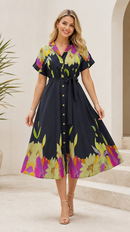 Front view of black floral border print midi shirt dress with belted waist