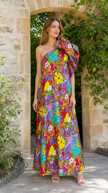 Model wearing multi-colored floral one-shoulder maxi dress from the front