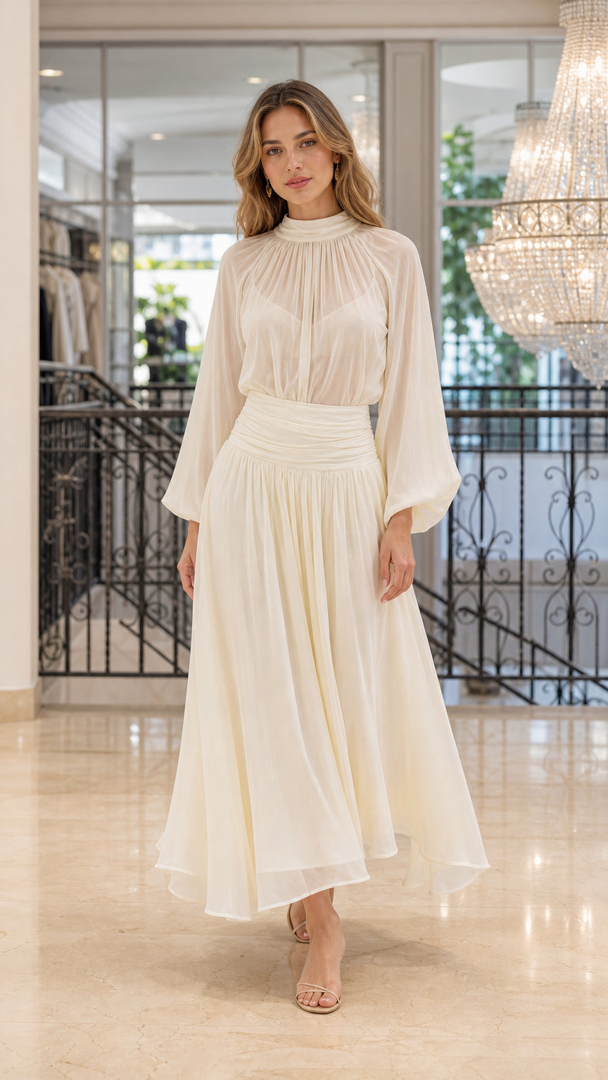Front view of Ivory chiffon pleated maxi dress on a model