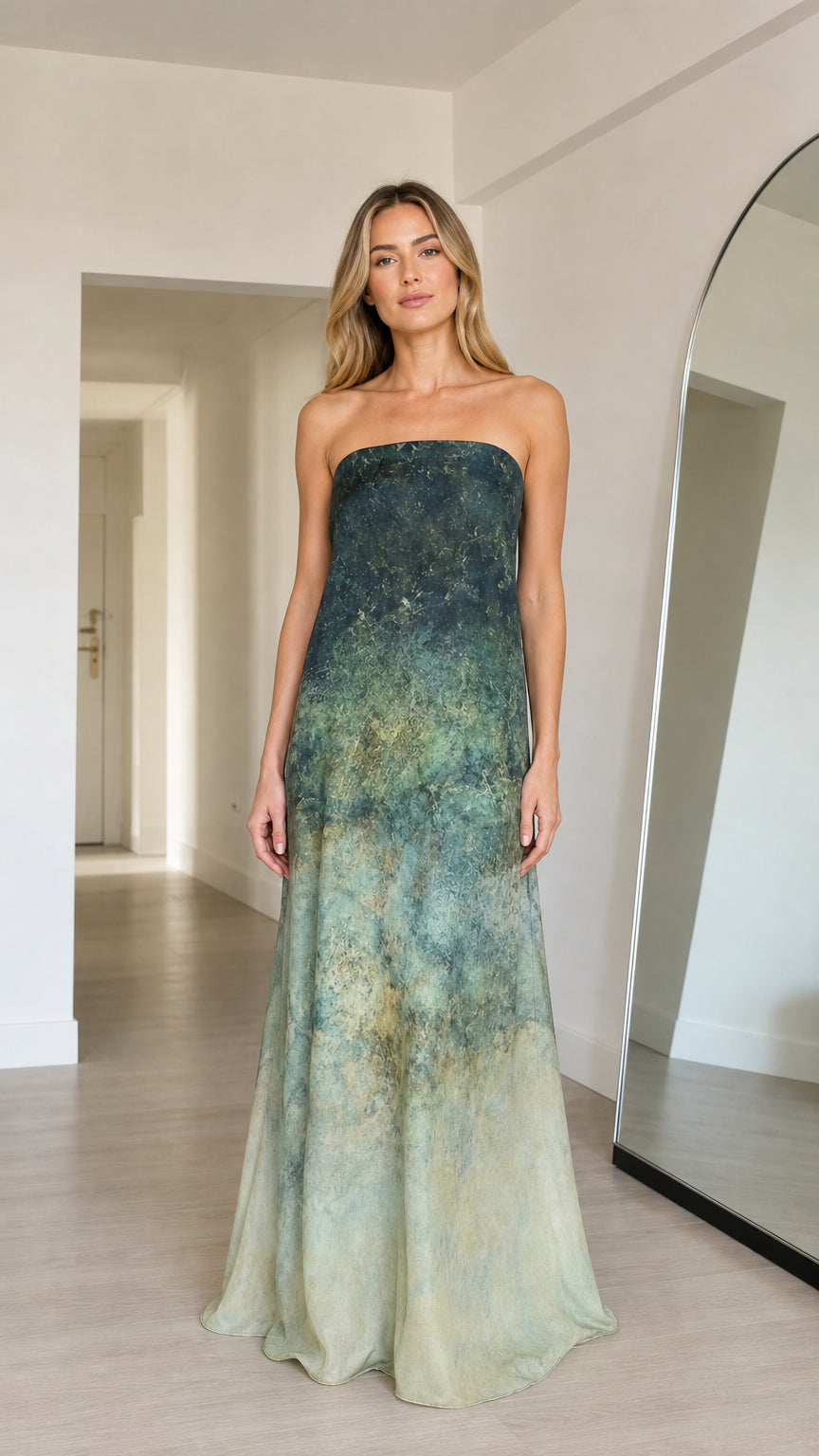 Ethereal Ombre Strapless Maxi Dress in Green front view