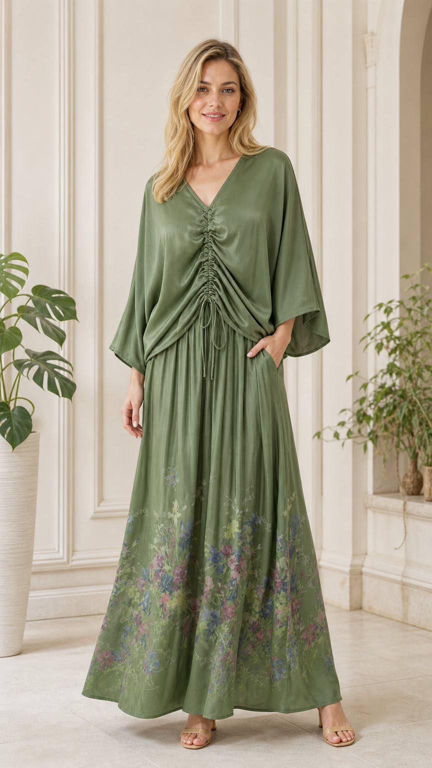 Front view of olive green boho floral ruched maxi dress