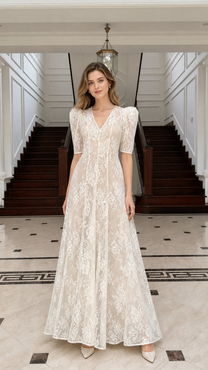 Front view of Champagne lace maxi dress on model