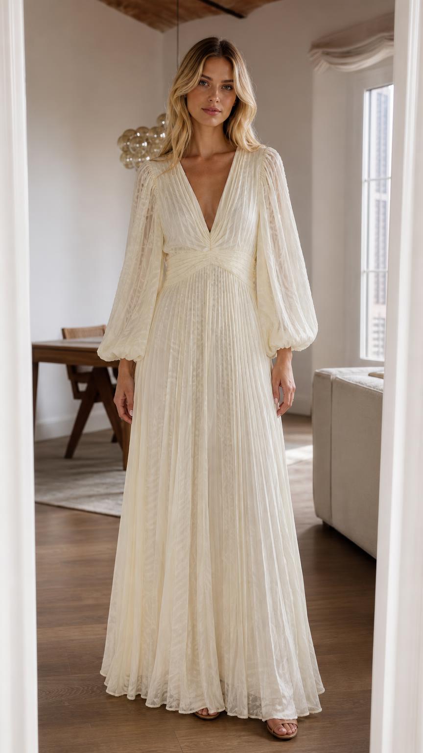 Front view of cream pleated long sleeve maxi dress