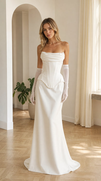 Front view of woman wearing white strapless corset maxi dress with matching gloves