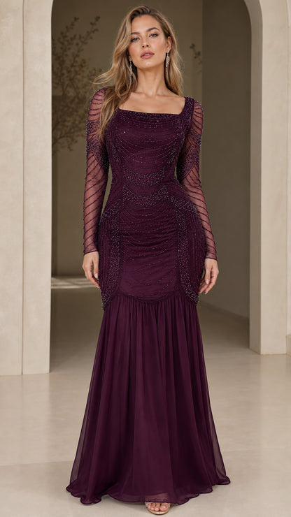 Full front view of burgundy long sleeve beaded evening dress