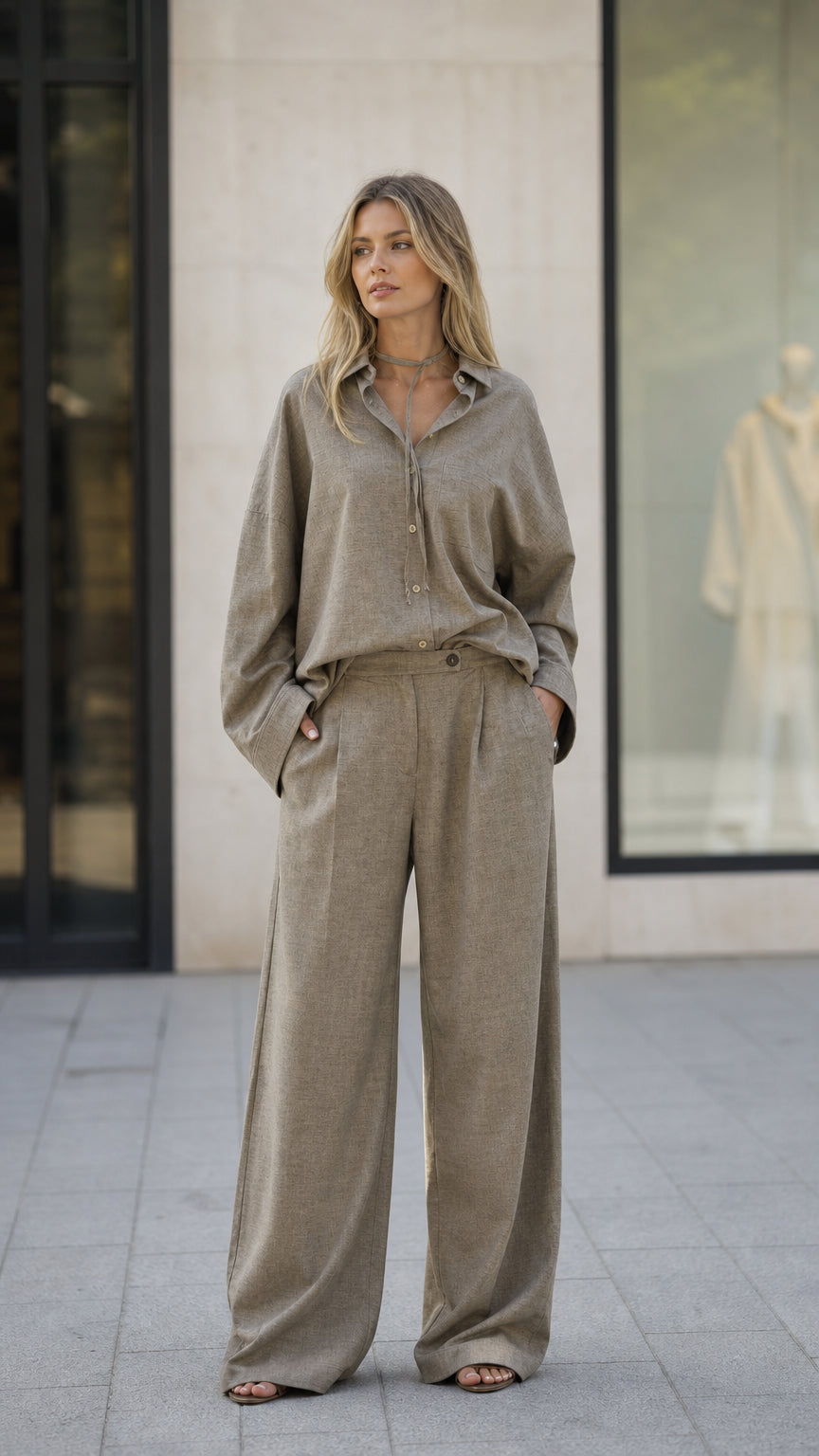 Front view of woman wearing taupe linen-blend shirt and wide-leg pants set