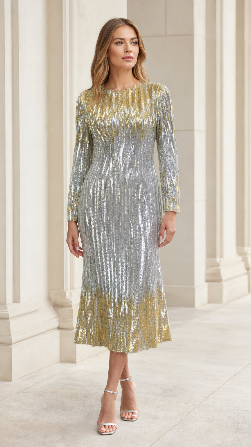 Front view of woman wearing silver and gold sequin chevron long sleeve midi dress