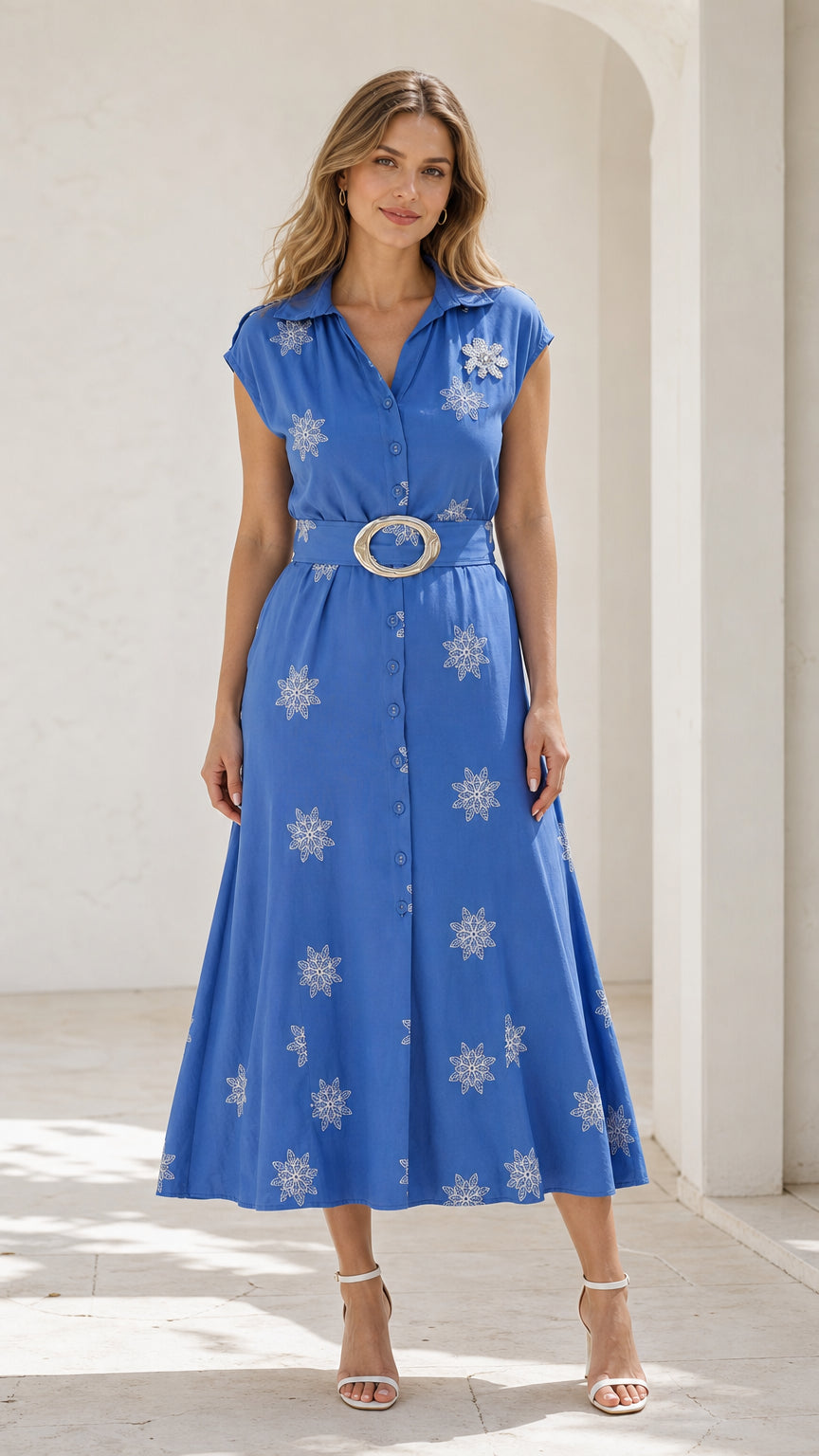 Front view of blue embroidered belted midi shirt dress