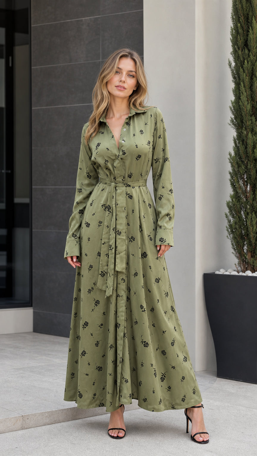 Front view of woman wearing sage green floral long-sleeve maxi dress with heels