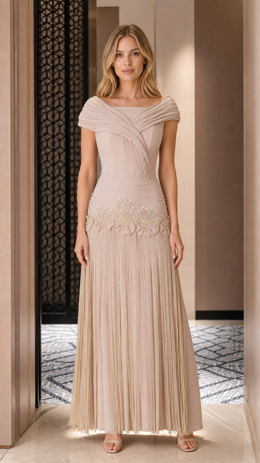 Front view of champagne pleated formal evening dress
