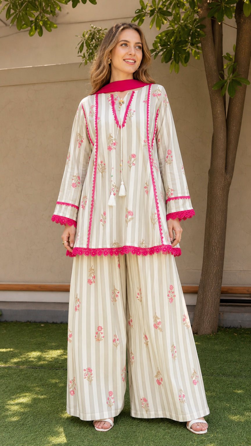 Front view of woman wearing white striped floral kurti and palazzo set