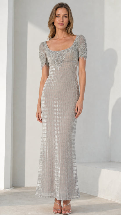 Front view of model wearing silver beaded scoop neck evening maxi dress