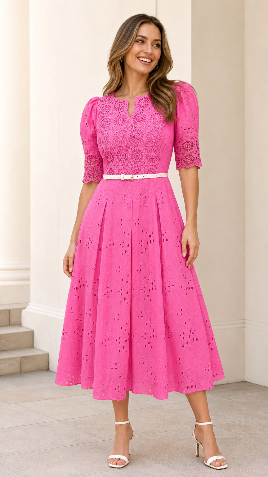 Front full view of hot pink eyelet midi dress