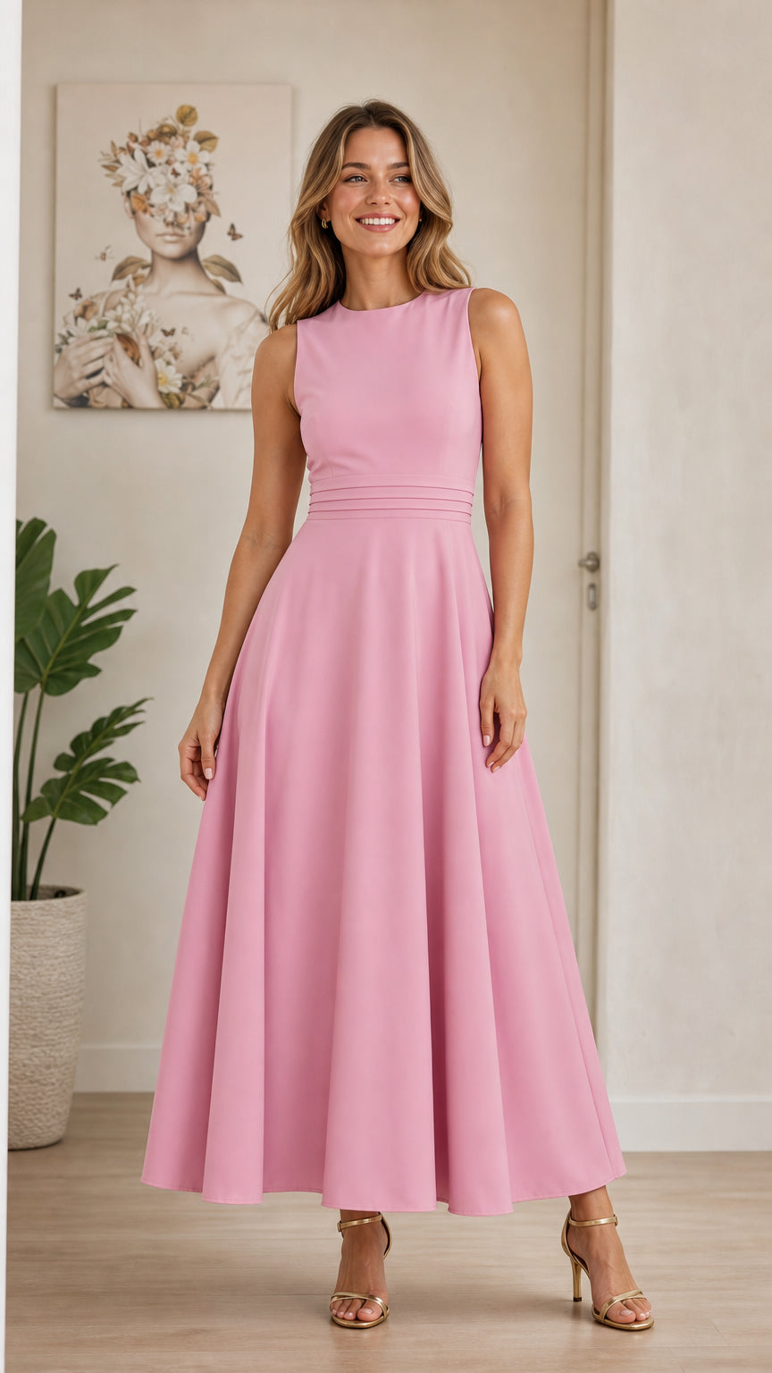 Model wearing pink sleeveless A-line midi dress front view