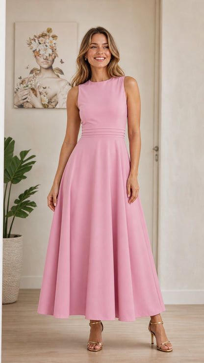 Model wearing pink sleeveless A-line midi dress front view