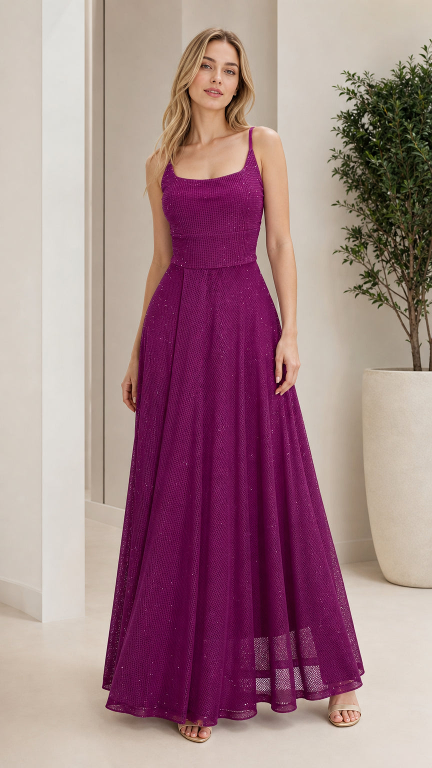 Model wearing long purple sparkle formal evening dress from the front