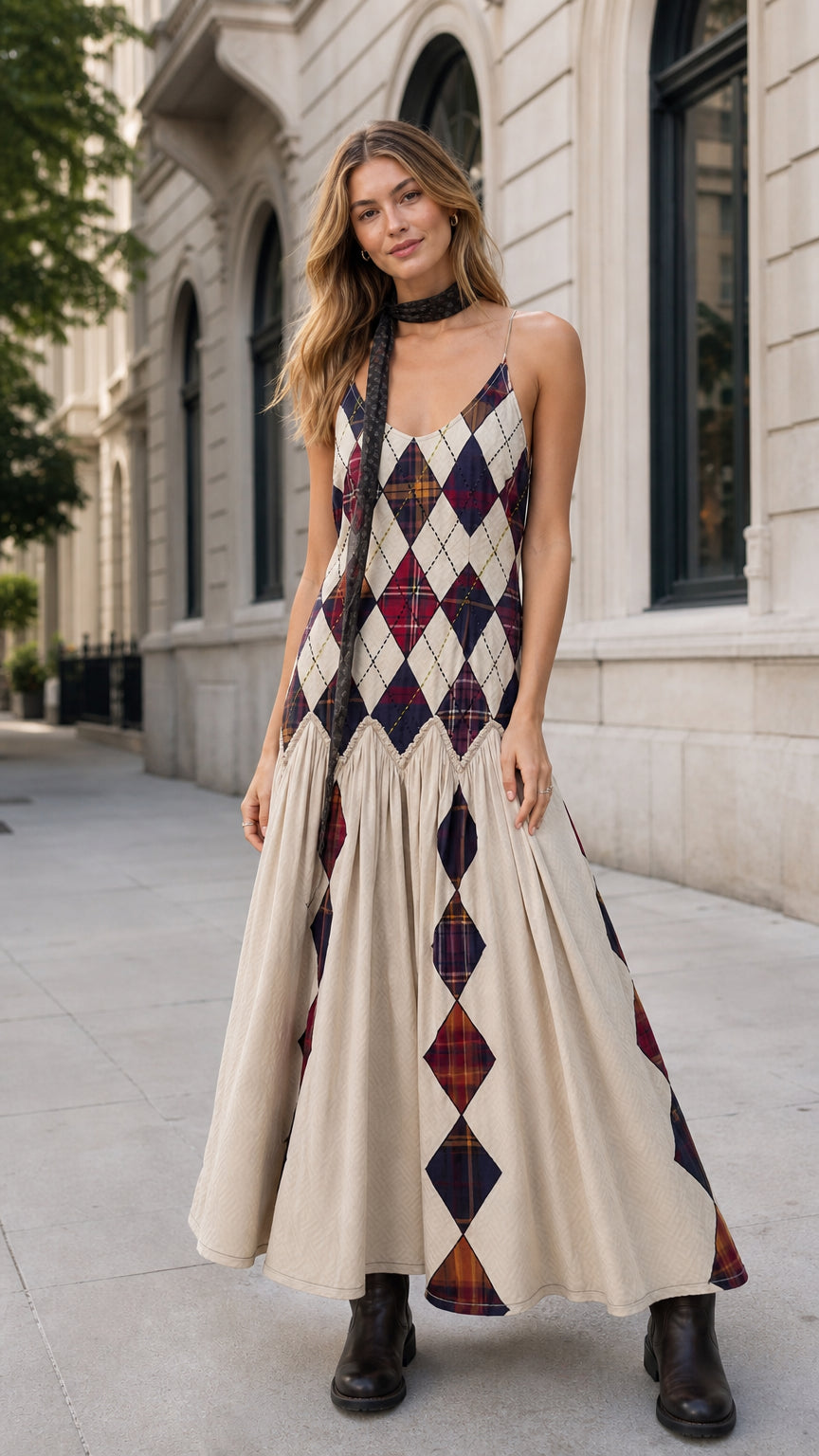 Beige argyle drop-waist maxi cami dress front view on model