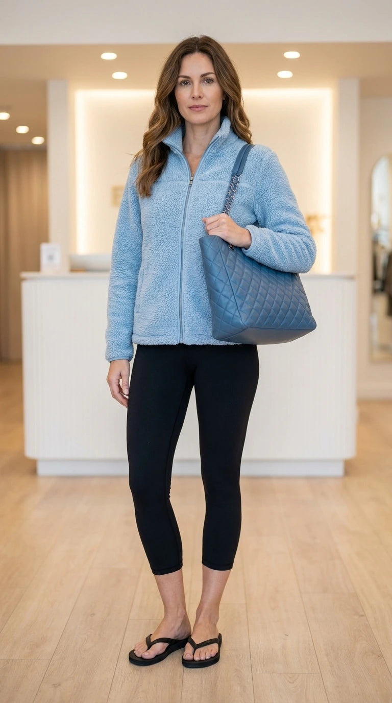Front view of woman wearing Light Blue plush fleece zip-up jacket