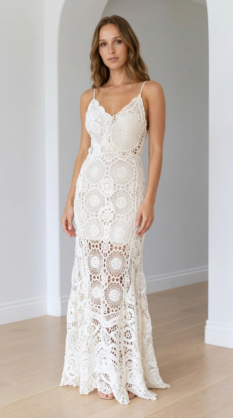 Ivory bohemian crochet lace maxi dress with sweetheart neckline and spaghetti straps front view