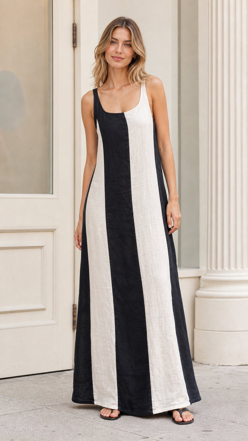Front view of model wearing black and white color-blocked maxi dress