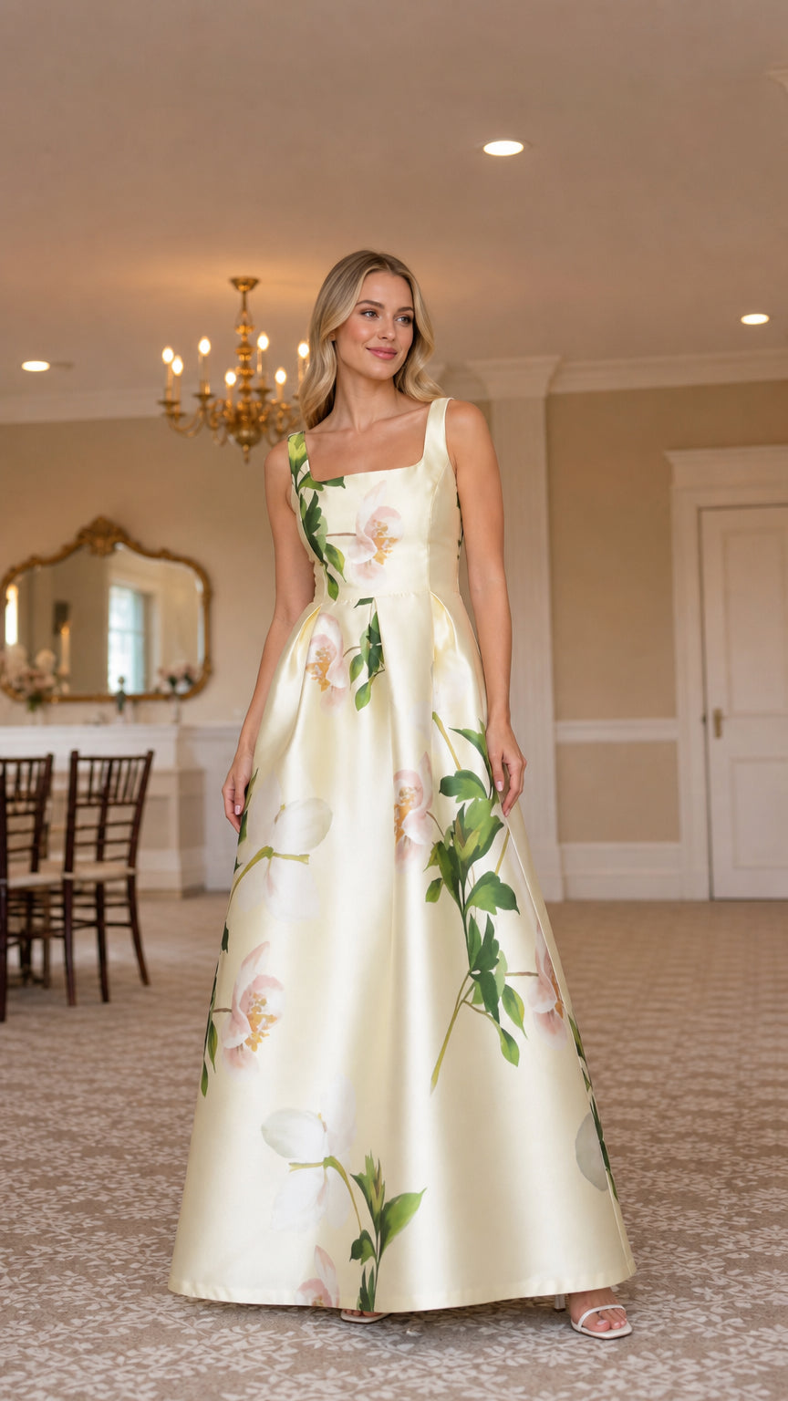 Ivory floral satin-look maxi dress shown from the front