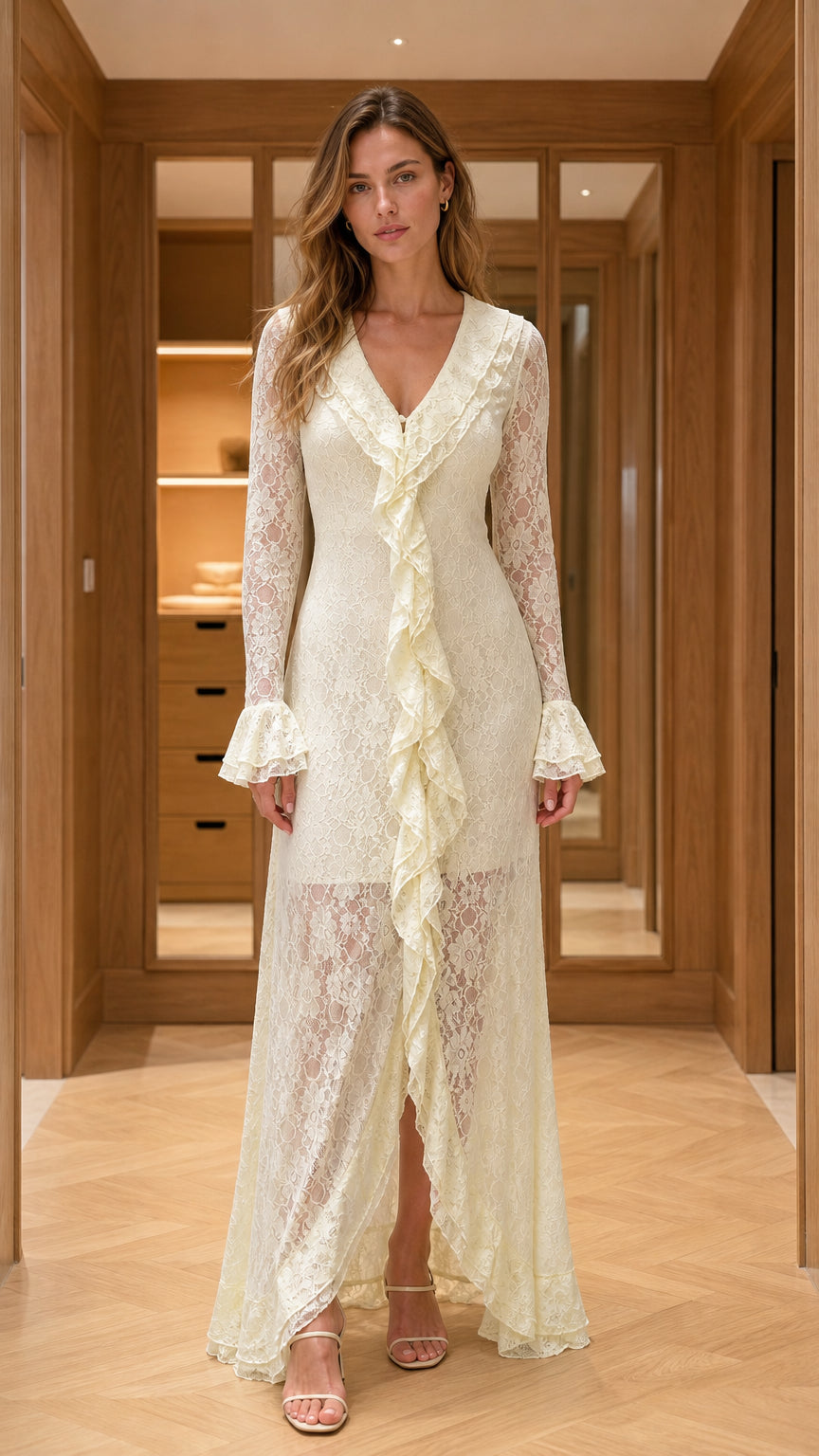 Front view of ivory lace maxi dress with ruffles