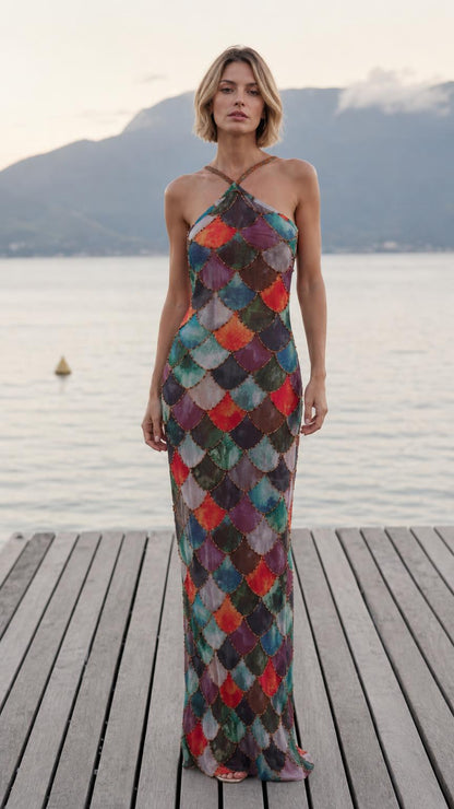 Front view of multi-color sequin halter maxi dress on a wooden dock