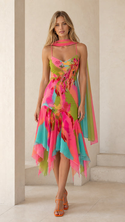 Front view of vibrant multi pink watercolor midi dress with scarf