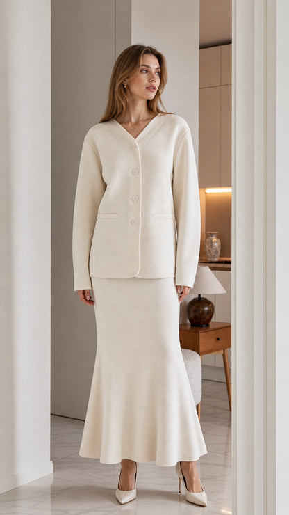 Full front view of model wearing cream V-neck button cardigan and matching fluted knit maxi skirt set