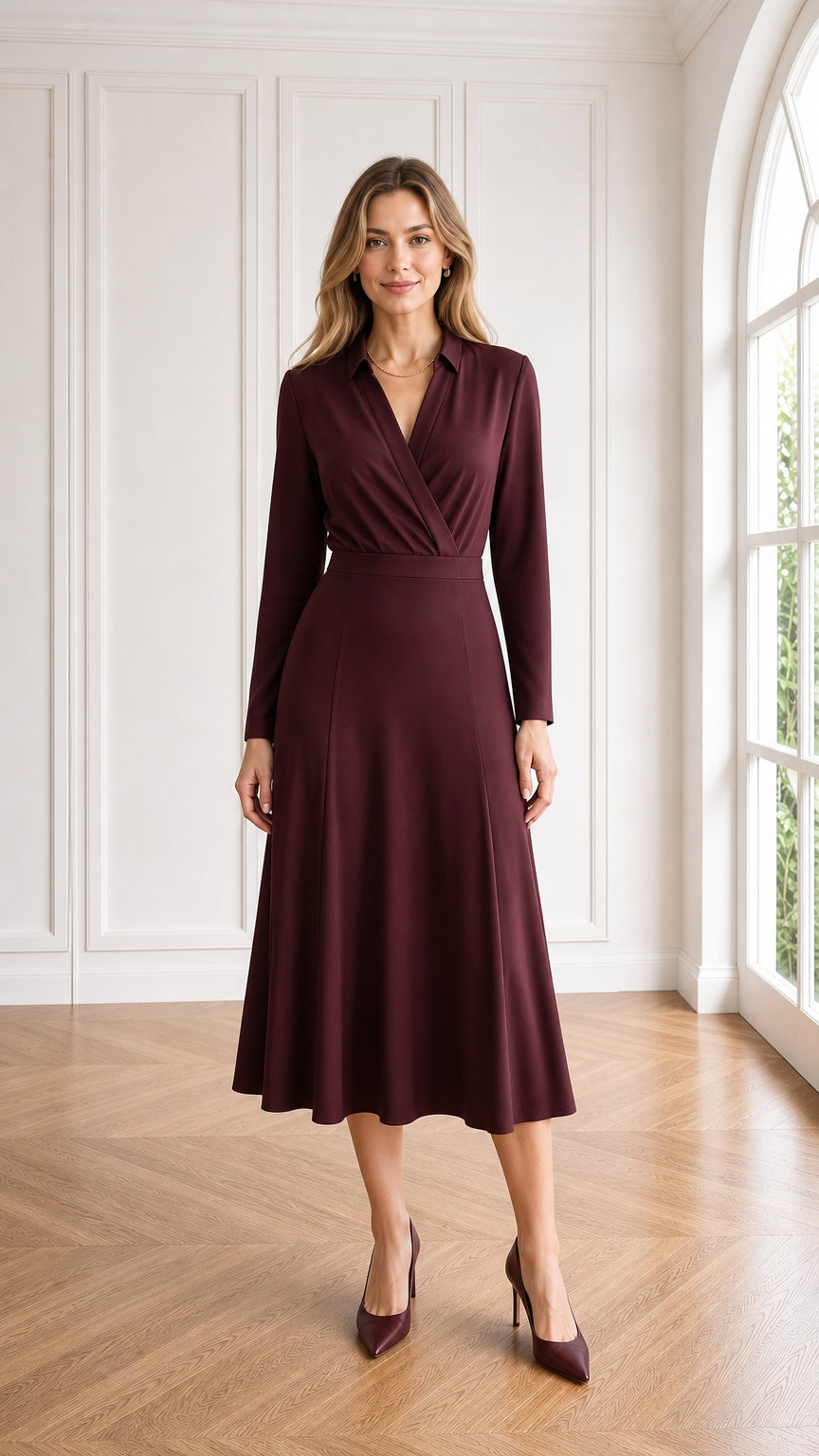Front view of woman wearing elegant burgundy collared wrap long sleeve midi dress
