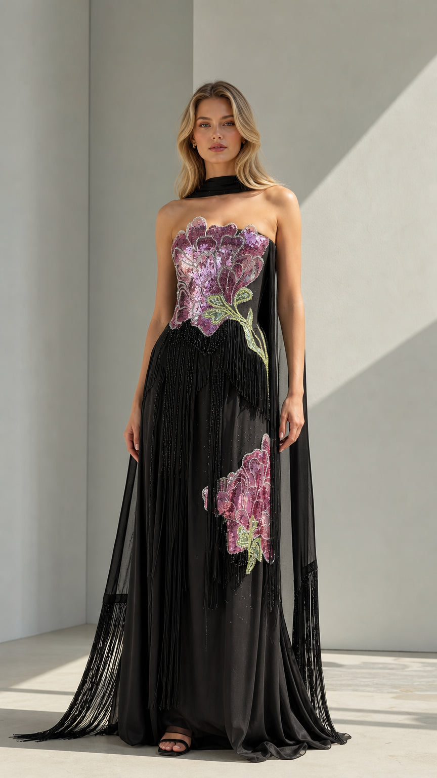 Front view of black embroidered floral fringe strapless evening gown with cape