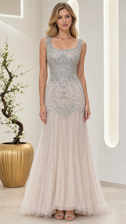 Full-length front view of champagne beaded scoop neck formal tulle gown