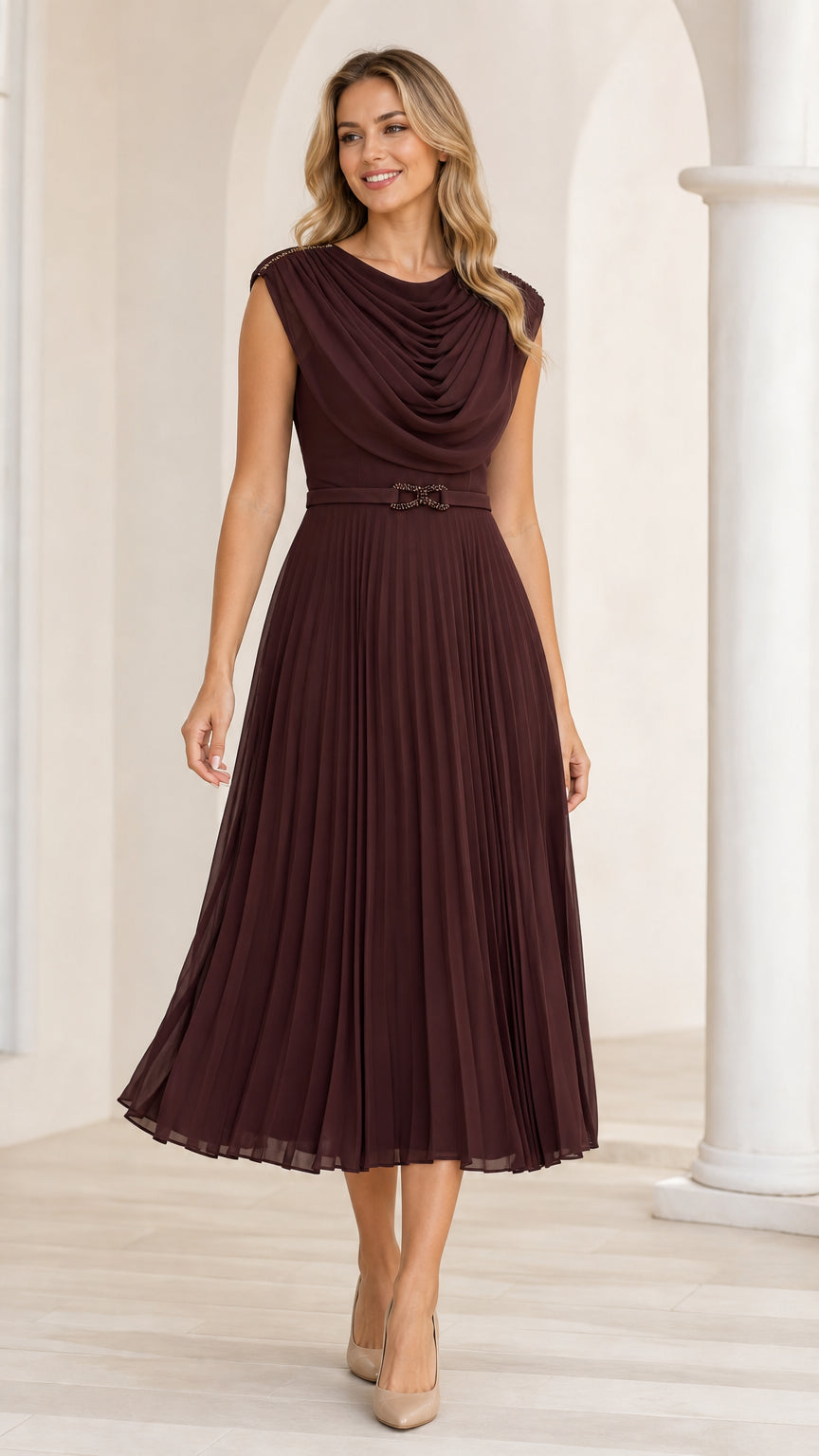 Front view of burgundy cowl neck pleated midi dress
