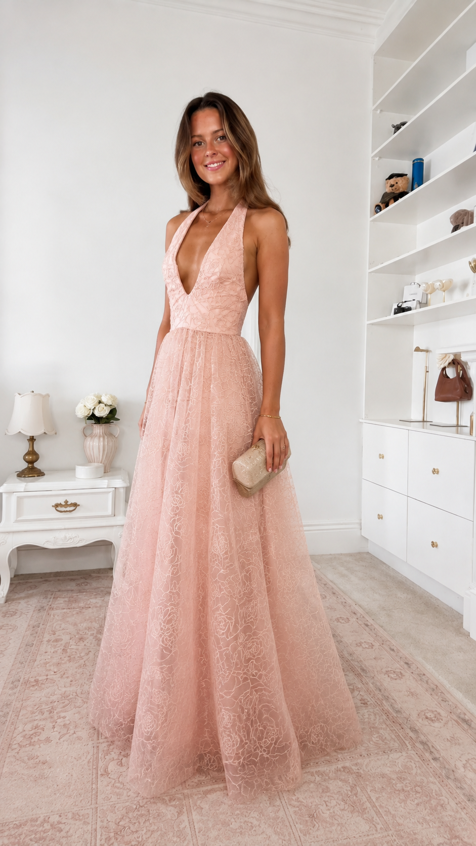 Elegance Halter Neck Lace Maxi Dress in Pink front view