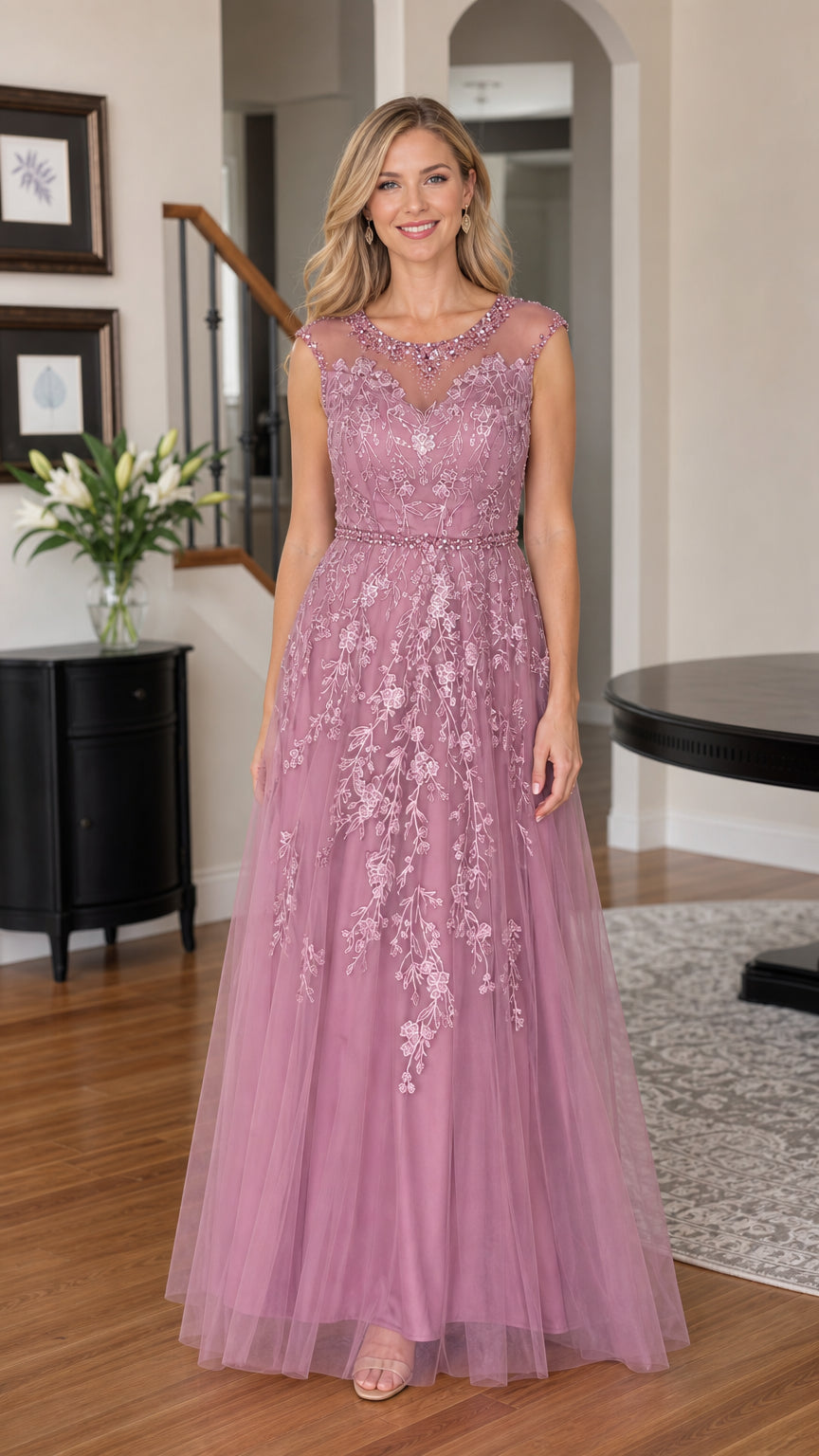 Woman wearing mauve embroidered tulle evening gown front view