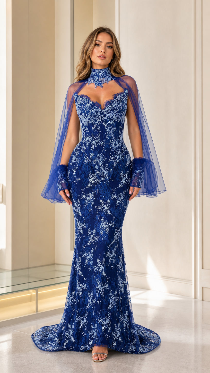 Front view of royal blue beaded mermaid evening dress with cape