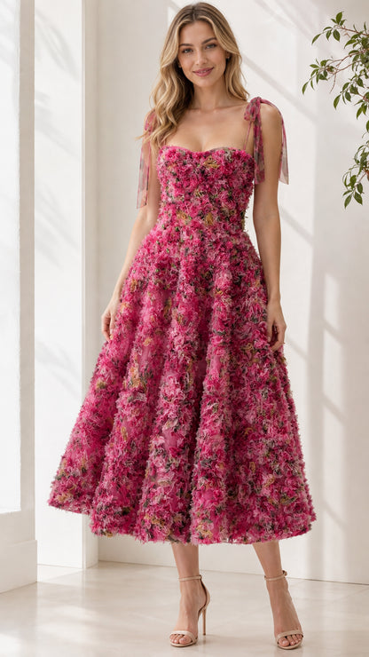 Front full view of hot pink floral textured midi dress