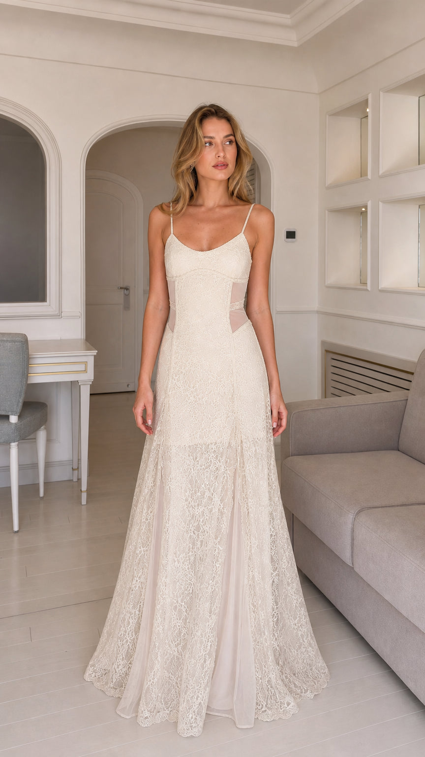 Front view of model wearing ivory lace maxi slip dress