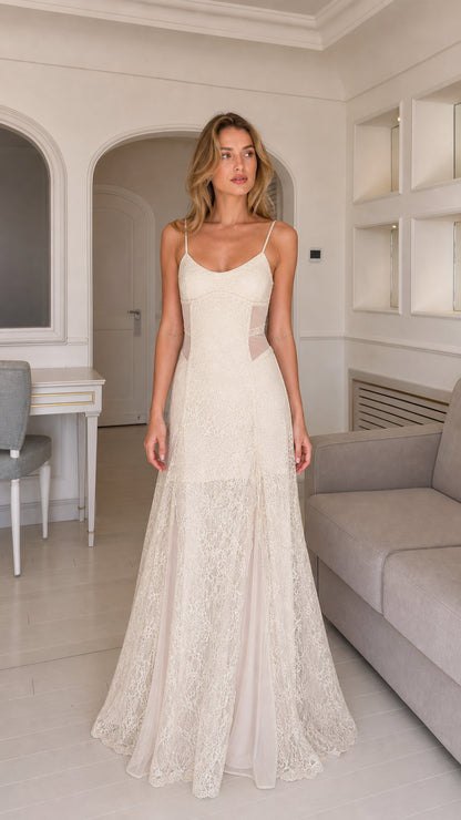 Front view of model wearing ivory lace maxi slip dress